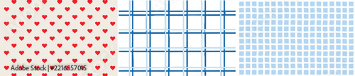 Red Hearts Grid Plaid and Wavy Blue Checkerboard Seamless Pattern Set