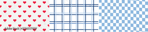 Red Hearts Grid Plaid and Wavy Blue Checkerboard Seamless Pattern Set