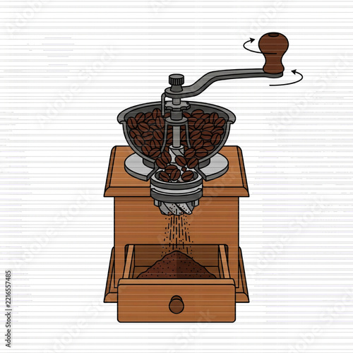 Vintage Coffee Grinder with Wooden Base and Manual Handle.