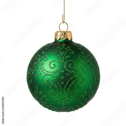 Green christmas bauble ornament with glitter pattern isolated on transparent background