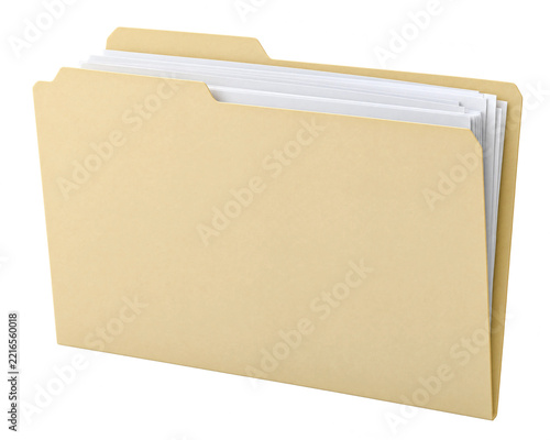 Manila file folder with papers isolated on transparent background for office documents and paperwork