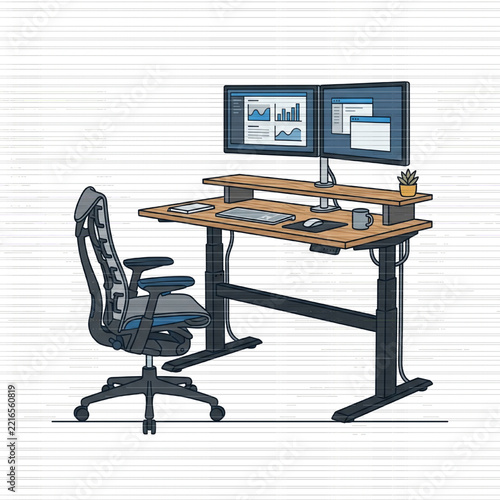Modern Office Workspace with Dual Computer Monitors and Ergonomic Chair.