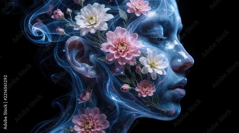 Fototapeta premium Surreal profile of woman with glowing blue skin, pink flowers. Ethereal floral elements bloom from face, hair in dark space. Concept of mental health, blooming mind, spiritual growth, inner beauty