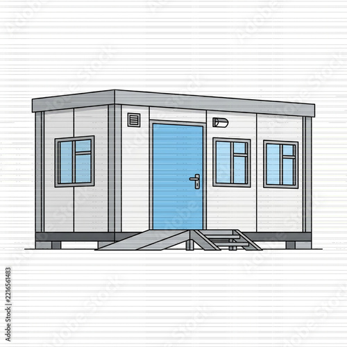 Modern Portable Cabin Structure with Blue Door and Windows.