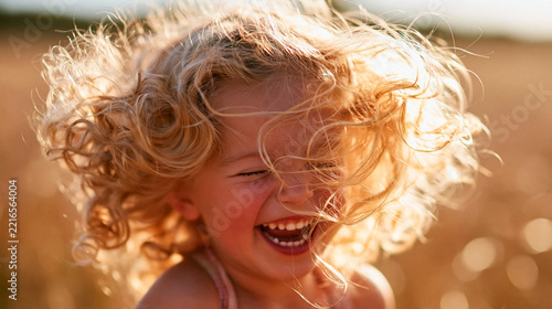 A child with messy blonde curly hair laughing joyfully in a sun-drenched field background