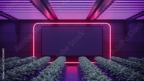 Neon purple event stage with floral aisle and glowing decorative lighting