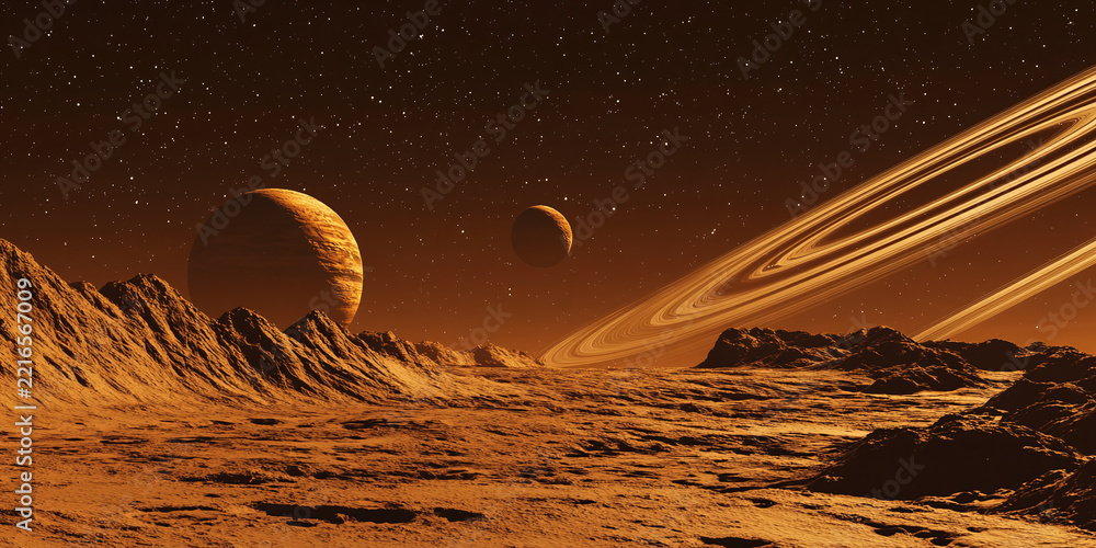 Fototapeta premium Stunning alien planetary landscape with rocky terrain, large gas giant planets in the background, a prominent ring system, and countless stars filling the deep dark cosmos night sky horizon perspectiv