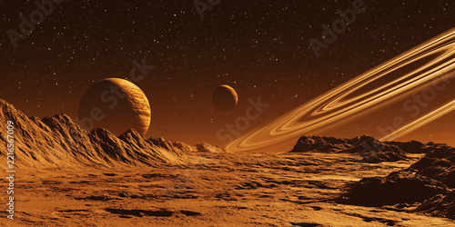 Stunning alien planetary landscape with rocky terrain, large gas giant planets in the background, a prominent ring system, and countless stars filling the deep dark cosmos night sky horizon perspectiv