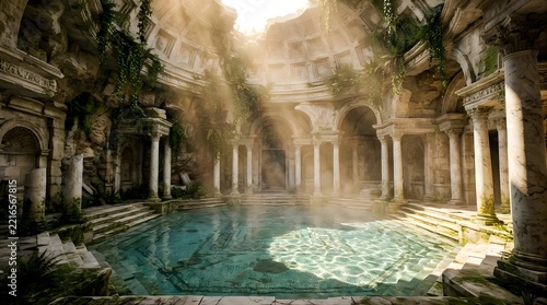 Sunken Greco-Roman Marble Baths with Golden Hour Rays
