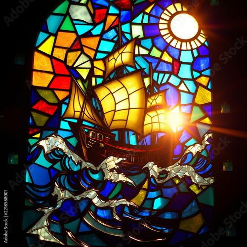 Sailing ship intricate illuminated stained glass window