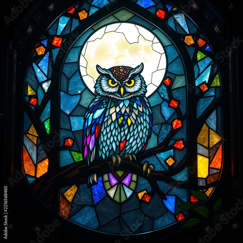 Wise owl intricate illuminated stained glass window