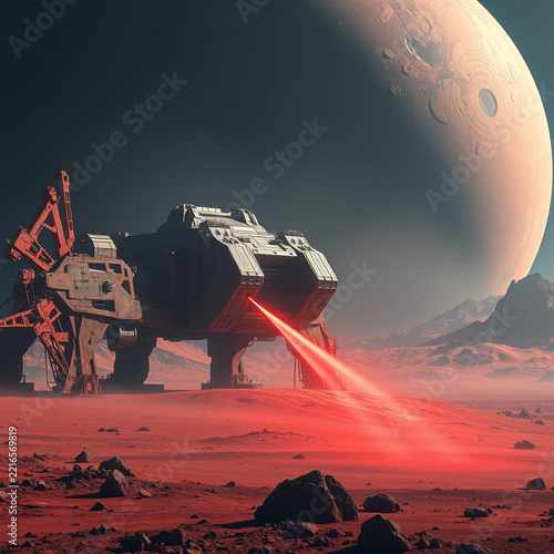 Cinematic sci-fi concept art of mining rover on planet