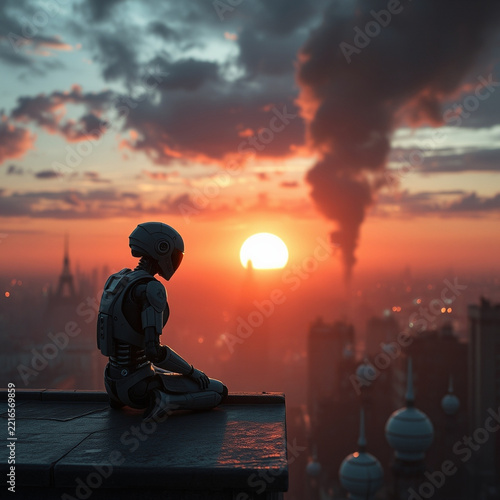 Cinematic sci-fi concept art of lonely robot on rooftop