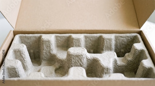 Sustainable box padding with molded pulp interior structure for safe shipping. Sustainable box padding features recycled paper protection.