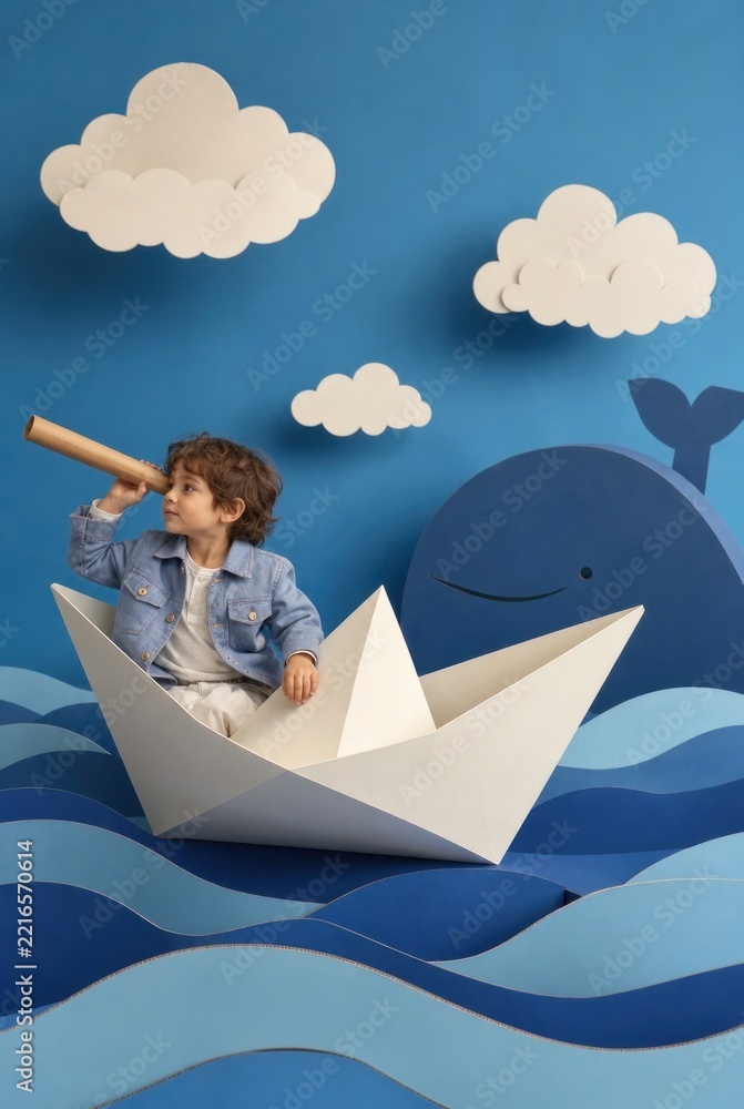 Fototapeta premium Child sailing paper boat with whale and clouds