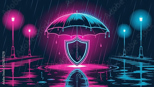 Neon umbrella protecting a shield from rain representing digital security and data protection