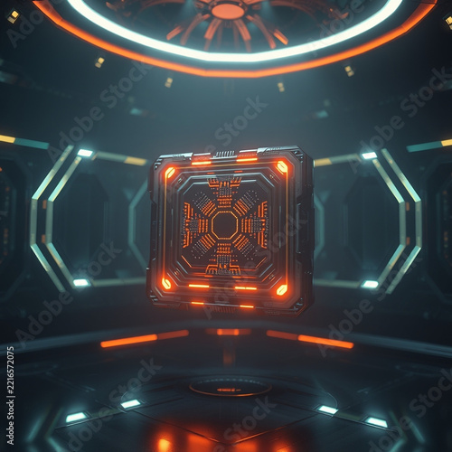 Cinematic sci-fi concept art of floating sci-fi artifact