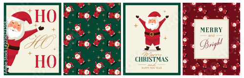 Modern Christmas greeting card and seamless pattern collection with cute Santa Claus illustrations, ho ho ho typography, Merry and Bright lettering and festive elements. Contemporary holiday artwork f