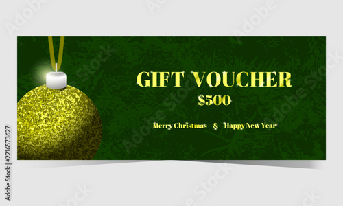Christmas and New Year gift voucher. Christmas tree ornament with gold glitter, gold text, green background.