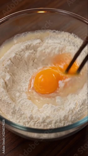 Cracking Fresh Raw Brown Egg Into Clear Glass Mixing Bowl On Wooden Kitchen Counter