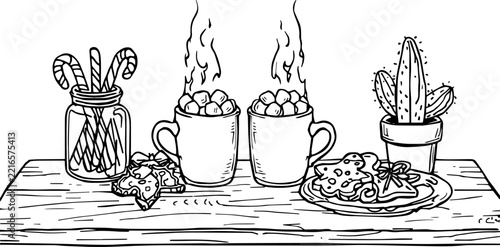Cozy Café Table with Hot Coffee, Dessert, Potted Plants and Cactus Line Art