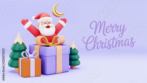Merry christmas greeting with santa claus, gifts, christmas trees, and festive decorations