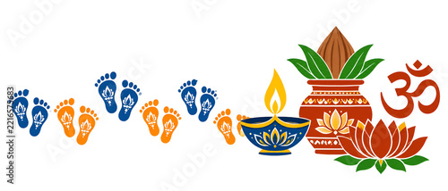Decorative elements for diwali and dhanteras festival including oil lamp footprints kalash and lotus with lotus flower