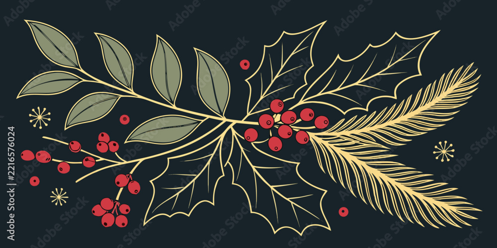 Fototapeta premium Vintage Christmas Botanical Illustration with Holly, Berries, and Pine