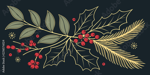Vintage Christmas Botanical Illustration with Holly, Berries, and Pine