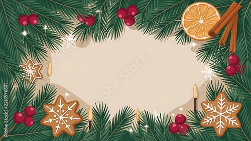 Festive Christmas botanical border with ornaments, berries, citrus, and candles