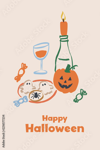 Festive Halloween celebration with pumpkin, candy, and decor