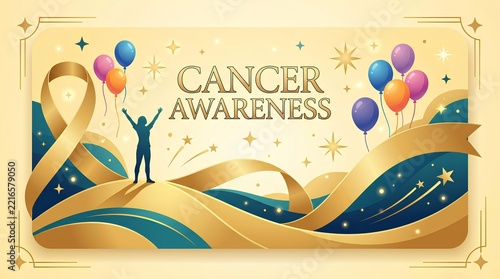 Elegant gold and blue cancer awareness banner with ribbons, balloons, and celebratory figures.
