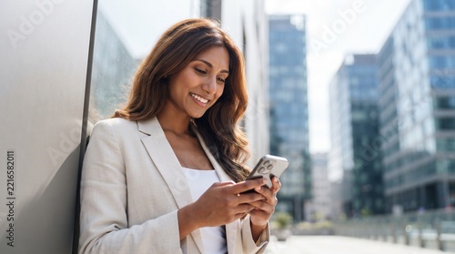 Smiling South Asian businesswoman using smartphone leaning on modern glass building wall, outdoor online communication