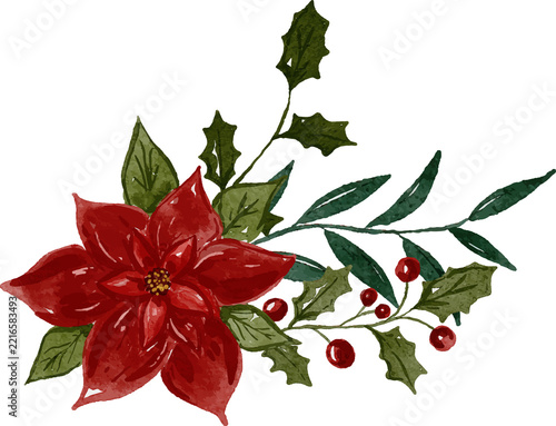 Watercolor Christmas floral arrangement with red poinsettia flower holly leaves and red berries isolated on white background festive seasonal decor