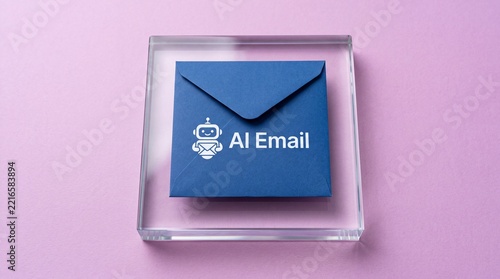 Blue AI email envelope on a glass block with purple background