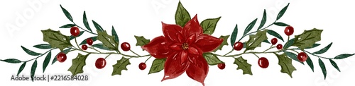 Watercolor Christmas Poinsettia and Holly Berry Garland Border with Green Leaves and Red Berries Festive Holiday Decorative Element