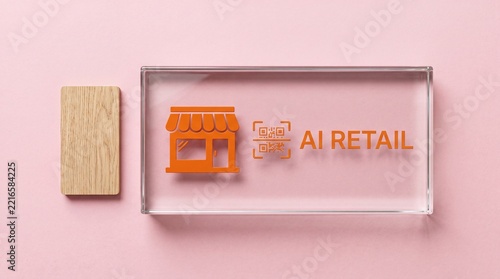 AI retail store sign with QR code and text on glass