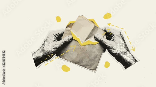 Hands opening an envelope with a letter inside, abstract yellow shapes, vintage style
