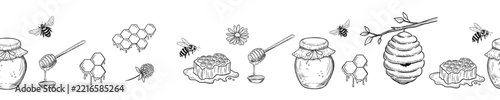 Seamless border with bumblebee and honey pot sketch in woodcut style. Isolated hand drawn vector illustrations set for spring or farm designs