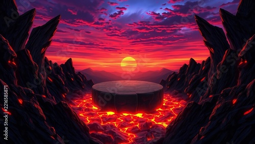 Pixel art podium with glowing lava floor and dramatic sunset sky
