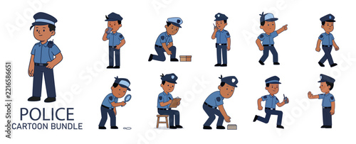 A comprehensive cartoon bundle featuring a police officer character in various poses and actions for creative design projects