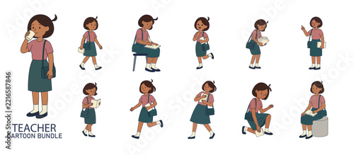 A comprehensive cartoon bundle featuring a female teacher character in various poses and daily school activities for educational design