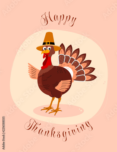 Thanksgiving greeting card with fun cartoon character; Happy thanksgiving poster, banner.