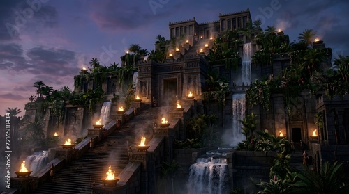 Mesopotamian Ziggurat Sanctuary with Hanging Gardens at Dusk