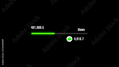 Views counter animation displays social media video metrics on dark. Audience channel popularity telemetry routes across views counter. Digital platforms use counter.