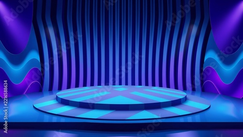 Empty round stage platform with blue and purple neon light stripes background for product display