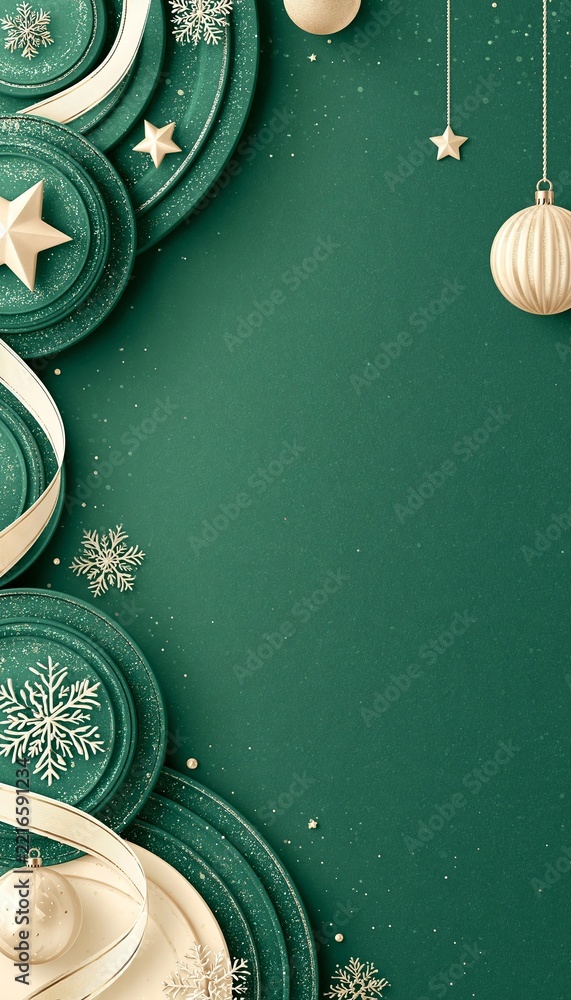 Fototapeta premium Minimalist Christmas Background with Abstract Green Circles, Decorative Stars and Ribbons Design