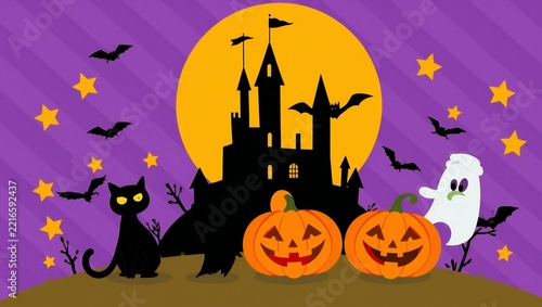 Happy halloween illustration with haunted castle pumpkins black cat and ghost
