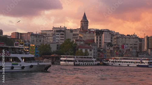 A beautiful picturesque view of Istanbul, Turkey, featuring seagulls flying over the water, ships sailing on the Bosphorus, and a historic mosque with domes and minarets rising against the skyline.