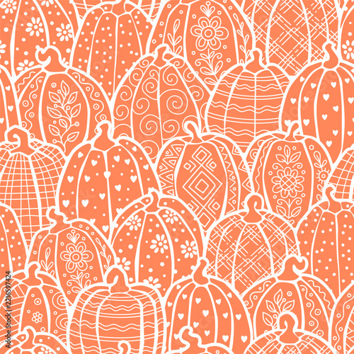 Bright autumn pumpkin vector seamless pattern, colorful harvest pumpkins with doodle ornaments on background